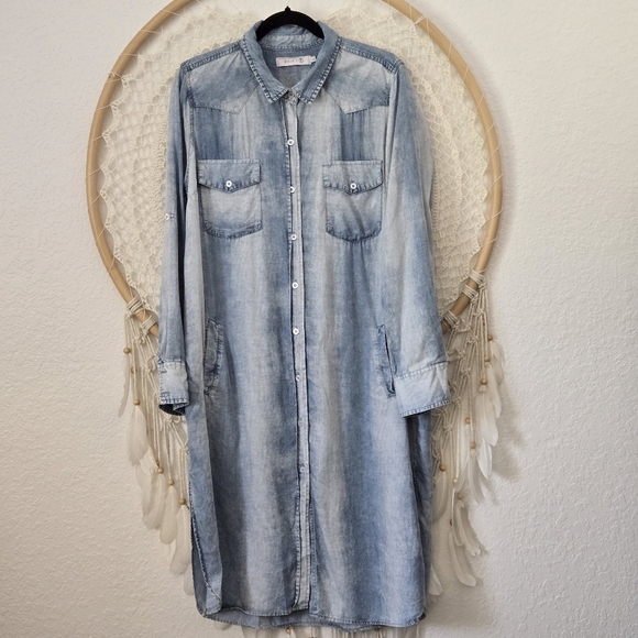 Billy T Western Chambray Lyocell Denim Long Sleeve Button Down Midi Shirt Dress - Picture 1 of 13
